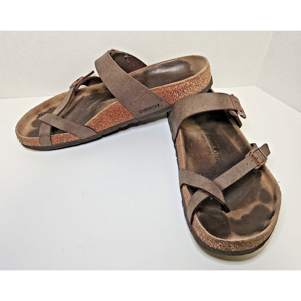 Birkenstock Mayari Size 43 Brown Flip Flop Leather Sandal Cork Wedge Heel - Picture 4 of 10